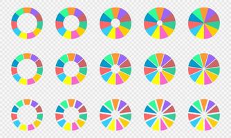 Pie and donut charts set. Colorful circle diagrams divided in 11 sections. Infographic wheels. Round shapes cut in eleven equal parts vector