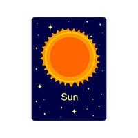 Flashcard for kids with Sun on dark starry background. Educational handout for schools and kindergartens for space science learning vector