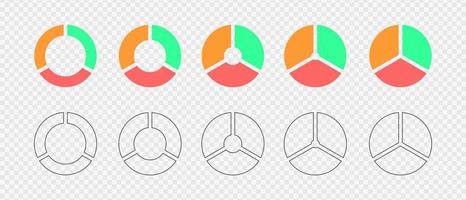 Donut charts divided in 3 multicolored and outline segments. Infographic wheels set. Circle diagrams segmented on three equal parts vector