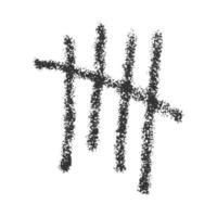 Hand drawn carcoal tally mark. Four sticks crossed out by slash line. Day counting symbol on prison wall. Unary numeral system sign vector