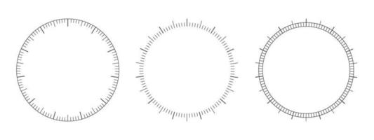 Set of round 360 degree measuring scales of navigator, barometer, speedometer, compass, thermometer. Circular measuring tool markup template vector