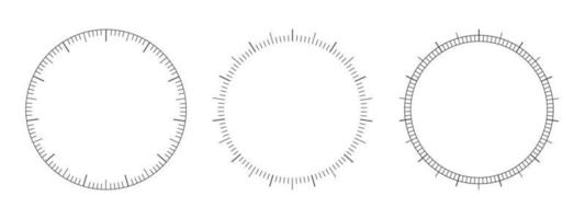 Set of round 360 degree measuring scales of navigator, barometer, speedometer, compass, thermometer. Circular measuring tool markup template vector