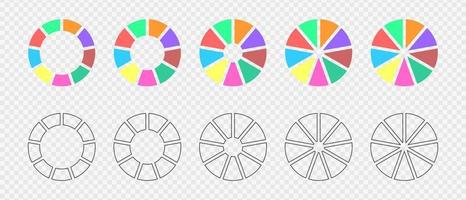 Outline donut charts or pies separated on 9 equal parts. Set of infographic wheels segmented in nine fractions. Round diagrams vector