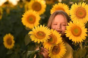 un contento joven niña con largo pelo en un Paja sombrero soportes en un grande campo de girasoles verano día. un calentar puesta de sol. foto