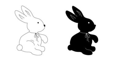 Bunnies silhouettes. Black and white outline. Vector image of rabbits, hares, bow in doodle style.