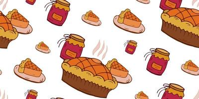 Seamless pattern Pie and jam. Doodle style. Yellow, red and orange colors. Vector Illustration.