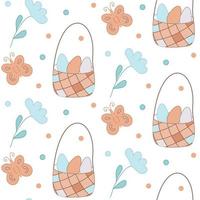 Seamless pattern Basket with eggs. Wicker basket. Vector for Easter in doodle style. Pastel colors.