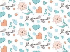 Doodle seamless pattern with flowers, Willow buds, hearts. Spring Vector Texture paper gift, textile