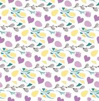 Doodle seamless pattern with flowers, eggs, Willow buds, hearts. Vector Texture paper gift, textile