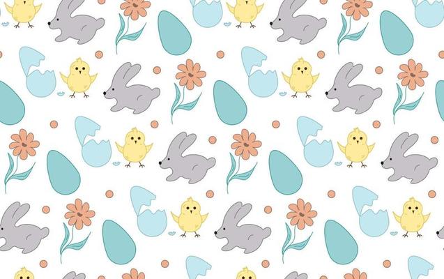 Seamless pattern Rabbit, flowers, chicken, eggs. Pastel vector. Texture of Easter gift, textile.