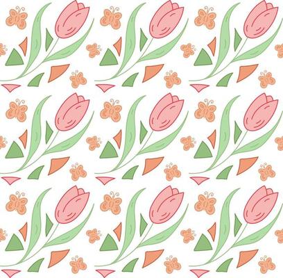 Seamless pattern tulip, butterfly, triangle. Spring geometric vector pattern red, green color.