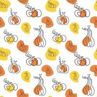 Seamless pattern line art Pumpkins and colored spots. Vector imege line style. Yelow and orange.