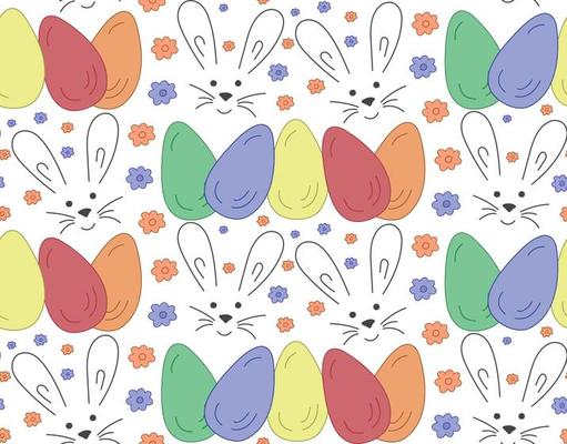 Seamless pattern eggs Easter, Muzzle bunny, flowers. Vector Texture for Easter gift, textile.