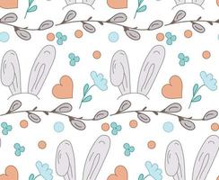 Doodle seamless pattern with bunny ears, flowers, Willow buds, hearts. Spring Vector illustration.