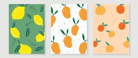 Fresh fruit wall art background vector set. Minimal drawing tropical fruit of orange, mango and lemon with dot texture. Spring and summer season design for home decor, interior, wallpaper, fabric.