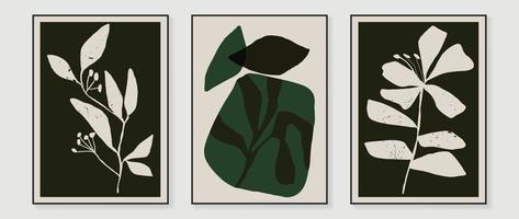 Set of abstract foliage wall art vector. Grunge texture, black and green color, flowers in hand drawn style. Botanical wall decoration collection design for interior, poster, cover, banner. vector
