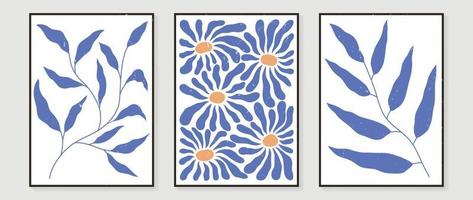 Set of abstract floral wall art vector. Leaves, watercolor texture, blue color, leaf branches in hand drawn style. Botanical wall decoration collection design for interior, poster, cover, banner. vector