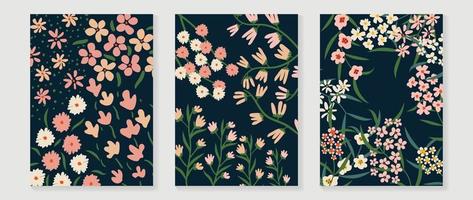 Set of abstract floral wall art vector. Spring flower garden, meadow, grass, different flowers in hand drawn style. Botanical wall decoration collection design for interior, poster, cover, banner. vector