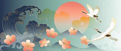 Luxury abstract oriental pattern background vector. Elegant japanese pattern gold line art design with crane birds, ocean wave, sakura flowers. Design illustration for home decoration, card, poster. vector