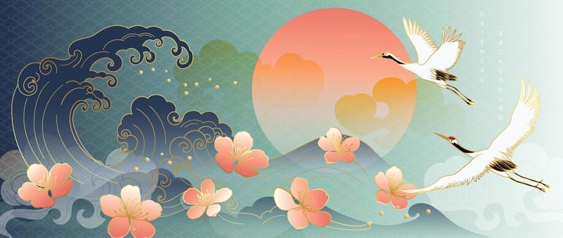 Luxury abstract oriental pattern background vector. Elegant japanese pattern gold line art design with crane birds, ocean wave, sakura flowers. Design illustration for home decoration, card, poster.