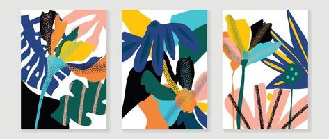 Set of abstract floral wall art vector. Leaves, grunge texture, colorful, leaf branches, flower in hand drawn style. Botanical wall decoration collection design for interior, poster, cover, banner. vector