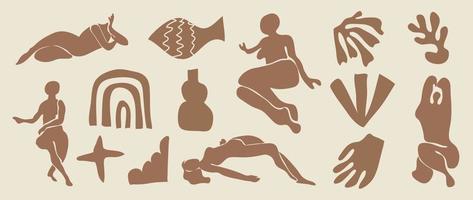 Set of abstract organic shape inspired by matisse. Female body nude posture, vase, leaf papercut style brown earth tone color. Contemporary aesthetic vector element for logo, decoration, print, cover.