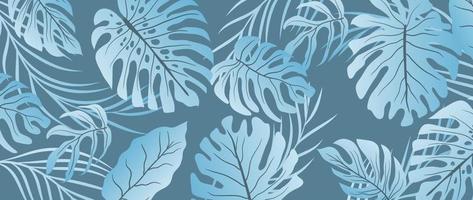 Tropical leaves wallpaper background vector. Natural monstera and palm leaves, foliage pattern design in minimalist gradient blue color style. Design for fabric, print, cover, banner, decoration. vector