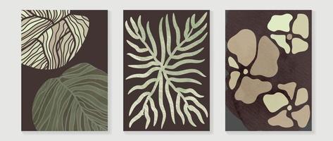 Set of abstract foliage wall art vector. flowers, watercolor texture, tropical plants, leaves in hand drawn style. Botanical wall decoration collection design for interior, poster, cover, banner. vector