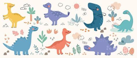 linda dinosaurios vector colocar. mano dibujado garabatear gracioso plesiosaurio, estegosaurio, tiranosaurio, parasaurolophus, espinosaurio. dinosaurio cómic personaje diseño para niño, imprimir, ropa, póster, educación.