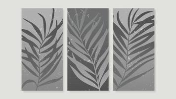 Abstract wall art background vector set. Botanical leaf branch lines with black and white monochrome, grunge, old film texture. Vintage design for home decoration, cover, poster, banner, wallpaper.