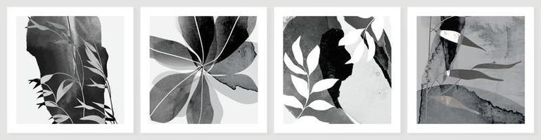 Abstract wall art background vector set. Botanical black and white watercolor leaf branch, paint brush stroke and silhouette texture. Design for home decoration, cover, poster, banner, wallpaper.