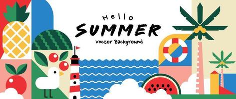 Summer geometric background vector. Colorful abstract wallpaper with simple shapes, lighthouse, seagull, watermelon, swim ring . Happy summertime symbol illustration design for poster, cover, banner. vector
