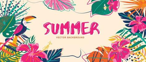 Summer tropical jungle background vector. Colorful botanical with exotic plants, hornbill, hibiscus flowers, palm leaf, grunge texture. Happy summertime illustration for poster, cover, banner, prints. vector