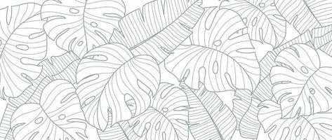 Tropical leaf line art wallpaper background vector. Natural monstera and banana leaves pattern design in minimalist linear contour simple style. Design for fabric, print, cover, banner, decoration. vector