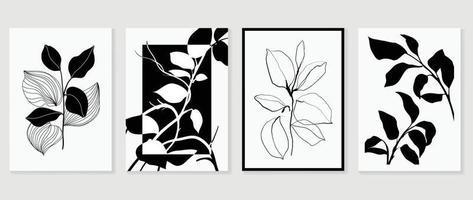 Abstract wall art background vector set. Botanical leaf branch lines with black and white monochrome and silhouette texture. Design illustration for home decoration, cover, poster, banner, wallpaper.