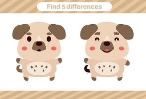 encuentra cinco diferencias del juego de educación animal para niños página educativa vector