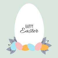 White egg with the inscription happy easter and small colored eggs with leaves vector