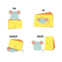 Set of mice with cheese and words on, under, near and in vector