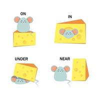 Set of mice with cheese and words on, under, near and in vector