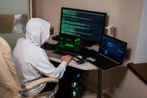 Boy hacker fraudulently use credit card for payment. Internet theft . Man wearing a balaclava and holding a credit card while sat behind a laptop. photo