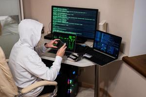 Boy hacker fraudulently use credit card for payment. Internet theft . Man wearing a balaclava and holding a credit card while sat behind a laptop. photo