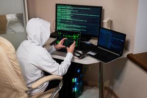 Boy hacker fraudulently use credit card for payment. Internet theft . Man wearing a balaclava and holding a credit card while sat behind a laptop. photo