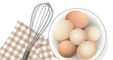 Ingredients for bakery, cooking process. Raw eggs and mixing whisk, checkered napkin. Vector illustration isolated on white background