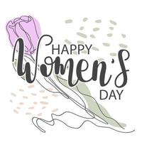 Happy Women's Day greeting card. Hand drawn vector line calligraphy. One tulip flower. Elegant banner with women's day. Template for poster, postcard, banner.