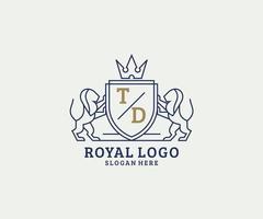 Initial TD Letter Lion Royal Luxury Logo template in vector art for Restaurant, Royalty, Boutique, Cafe, Hotel, Heraldic, Jewelry, Fashion and other vector illustration.