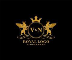 Initial VN Letter Lion Royal Luxury Heraldic,Crest Logo template in vector art for Restaurant, Royalty, Boutique, Cafe, Hotel, Heraldic, Jewelry, Fashion and other vector illustration.