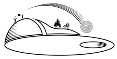 Stick figures, group of golfers are playing on field. Sports golf ball flies into hole after precision hit. Healthy lifestyle. Vector