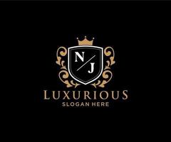 Initial NJ Letter Royal Luxury Logo template in vector art for Restaurant, Royalty, Boutique, Cafe, Hotel, Heraldic, Jewelry, Fashion and other vector illustration.