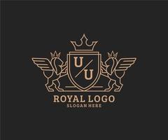 Initial UU Letter Lion Royal Luxury Heraldic,Crest Logo template in vector art for Restaurant, Royalty, Boutique, Cafe, Hotel, Heraldic, Jewelry, Fashion and other vector illustration.