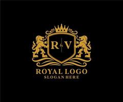 Initial RV Letter Lion Royal Luxury Logo template in vector art for Restaurant, Royalty, Boutique, Cafe, Hotel, Heraldic, Jewelry, Fashion and other vector illustration.